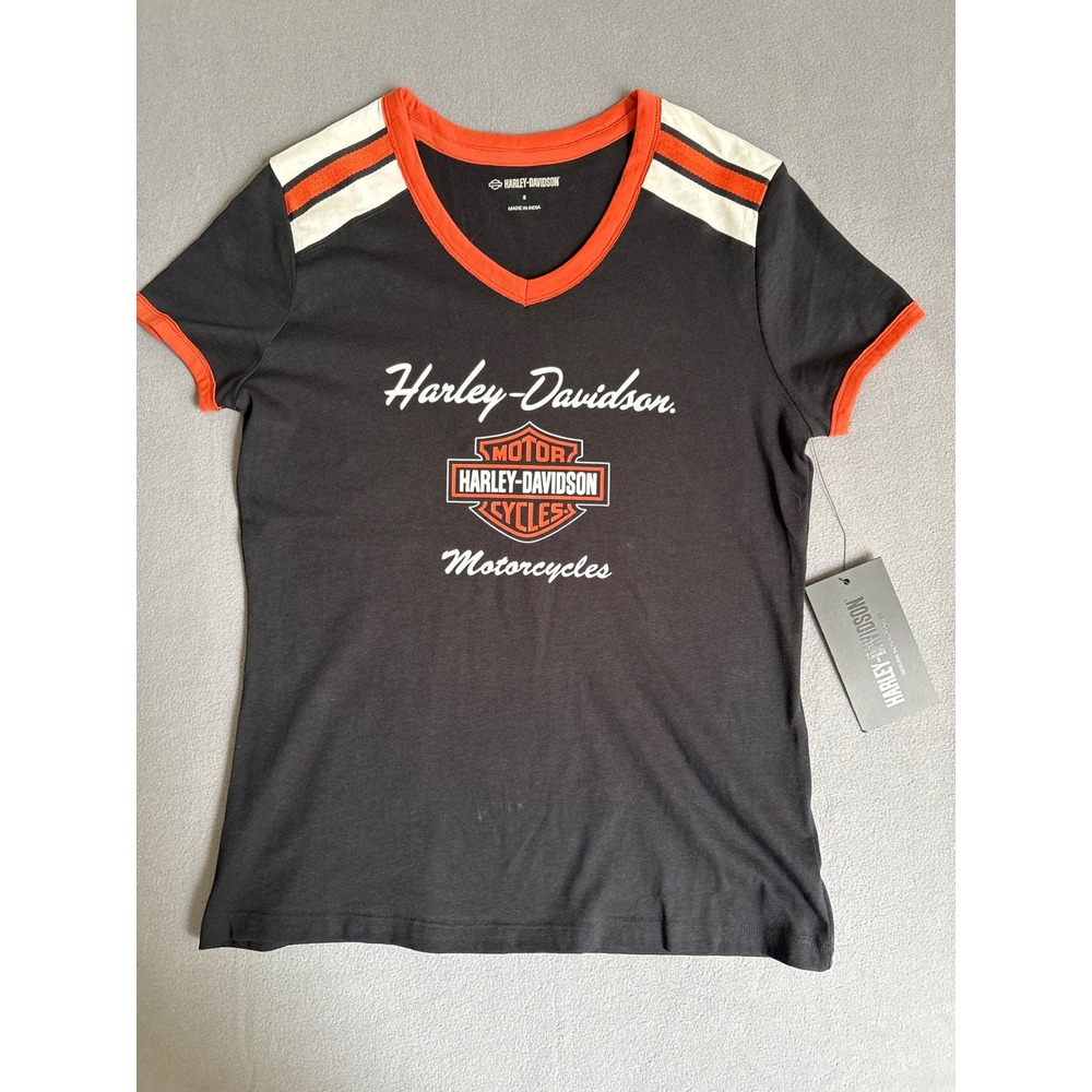 Harley Davidson T-Shirt Womens Small Black NWT Moto Graphic V-Neck